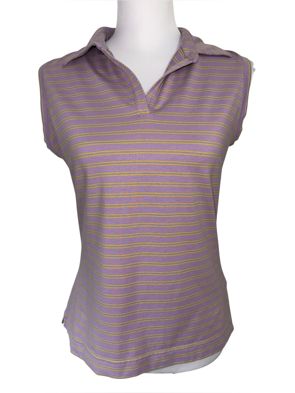 Nike Golf Dri Fit Polo Top Sleeveless‎ Purple Yellow Striped Women’s Medium